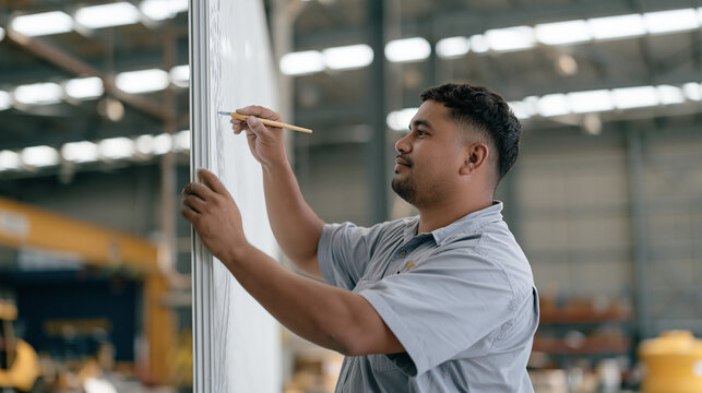 A glazier in a desolate inland warehouse carefully transfers traditional Aboriginal dot painting patterns onto a large glass panel using a ceramic fritting tool, the empty