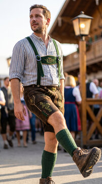 Man in Lederhosen and suspenders walking at a festive outdoor event  