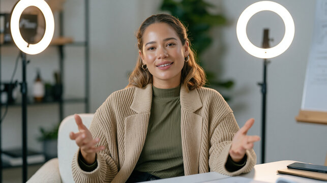 A youtube content creator films herself alone in a minimalist studio with two ring lights and a product shelf, wide establishing shot showing her gesturing toward a whiteboard