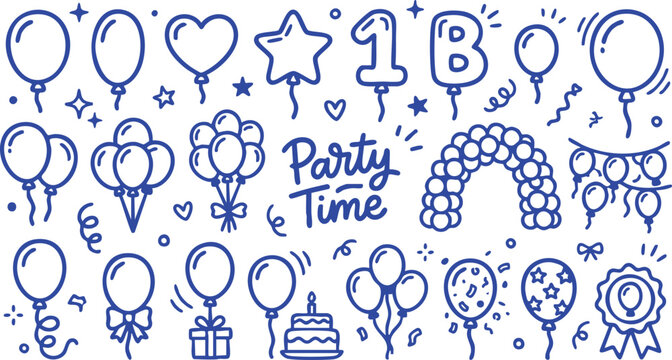 Doodle birtay party elements including balloons cake and gift boxes on a white background