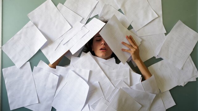 Overwhelmed Woman Buried Under Mountain of Office Paperwork
