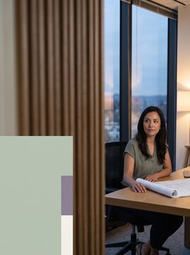 A thoughtful female architect sits at a wooden desk with blueprints inside a modern high-rise office looking away