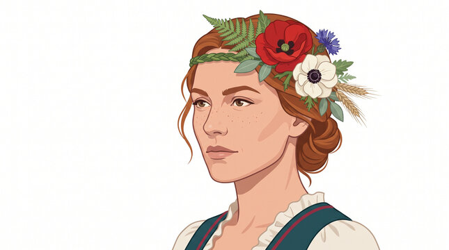 Young woman with flower crown in traditional dress portrait  