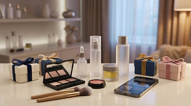 Cosmetic skincare products bottles makeup palette brushes gift boxes and smartphone on white vanity table with beauty products