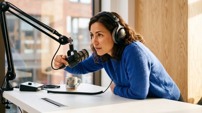 A focused woman wearing headphones adjusts her microphone while recording a podcast in a bright modern studio setup
