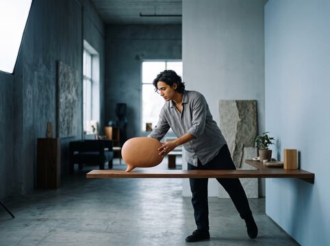Male interior designer or artist carefully placing a modern terracotta ceramic sculpture onto a wooden floating desk in a minimalist studio