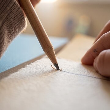 Macro shot of an artist drawing with a wooden pencil on rough handmade paper in warm natural light