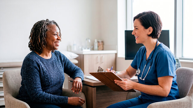 Doctor and patient smiling during a medical consultation in a clinic