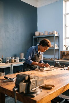 Focused young Black female artisan crafting handmade wooden items at a workbench in a bright creative studio workshop