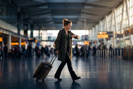 Businesswoman pulling luggage and checking her watch while walking through a busy airport terminal