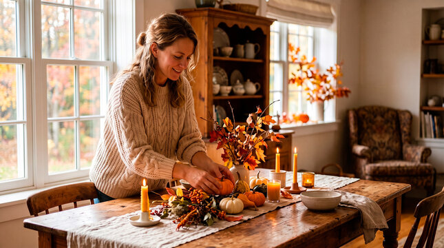 Woman decorating the dining table with the autumn harvest for a celebration.