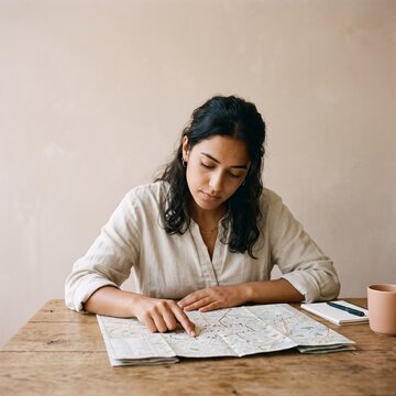 A young woman sits at a rustic wooden table studying a paper map to plan her next travel destination route