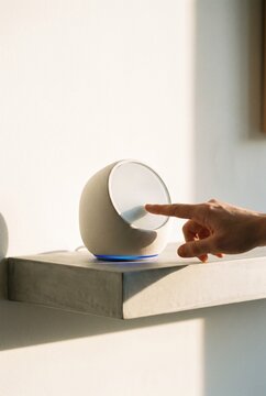 A hand touching the touchscreen of a modern white smart home device resting on a shelf in a bright minimalist interior