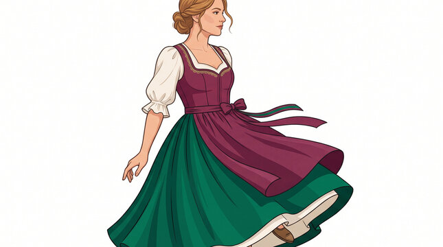 Young woman wearing traditional German dirndl dress and dancing  