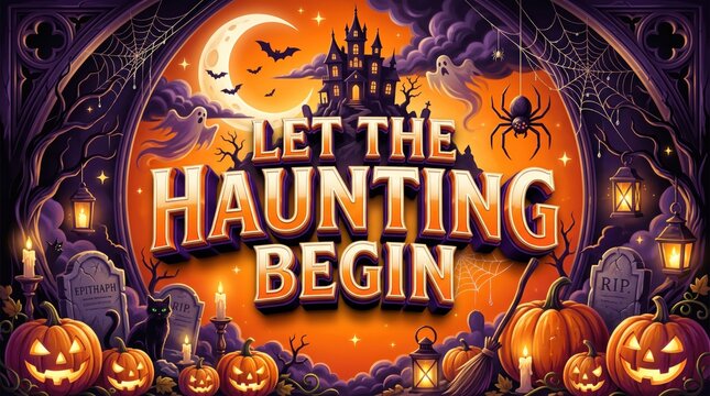 A festive halloween background featuring a spooky haunted castle and pumpkins with the text let the haunting begin