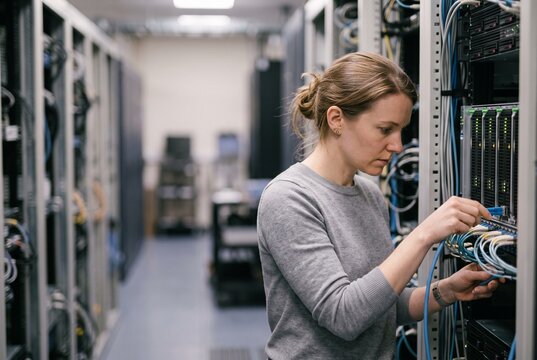 Female IT technician connecting network ethernet cables in a server rack inside a modern data center room