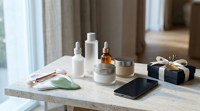 Natural cosmetic skincare bottles jars and jade face roller on white stone vanity table skin care beauty products serum bottle cream jar