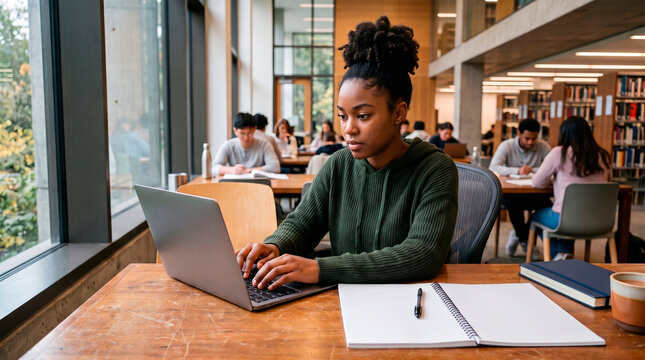 Young person studying on a laptop in a modern library