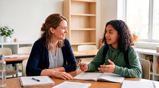 Teacher and student discussing lessons at a classroom desk