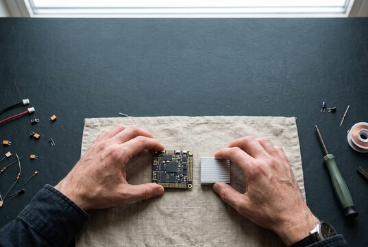 Hands of an engineer assembling a small electronic circuit board with a heatsink on a dark workbench