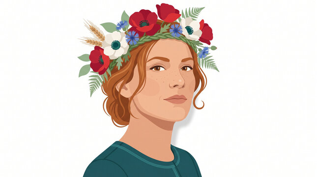 Young woman with a flower crown looking confidently at the camera  