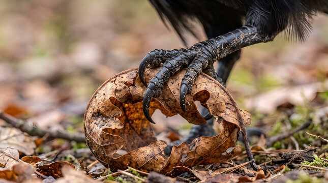 Raven talon gripping a dried autumn leaf on the forest floor in a detailed nature close-up