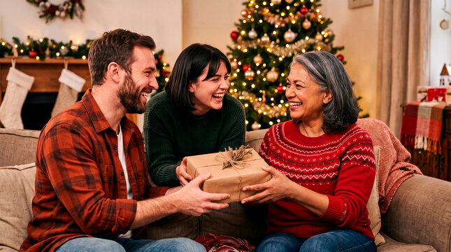 Family exchanging Christmas gifts by a decorated tree and fireplace