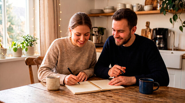 Couple writing in notebook at kitchen table with coffee mugs and plants