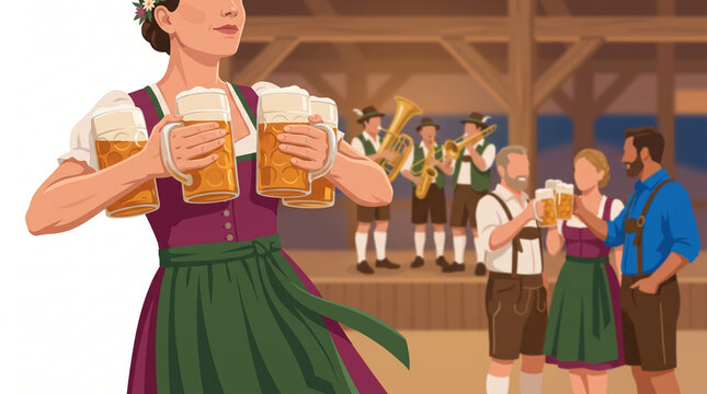 Waitress carrying multiple beer steins at a festive gathering  