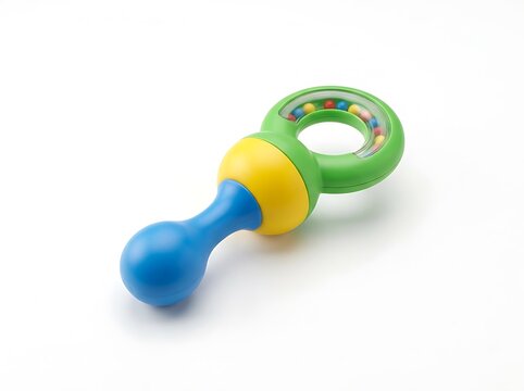 Colorful baby teething ring with rattle isolated on white background
