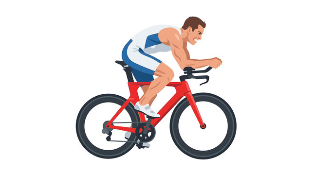 Caucasian Male Triathlete Pushing Hard Gear on Red Bike