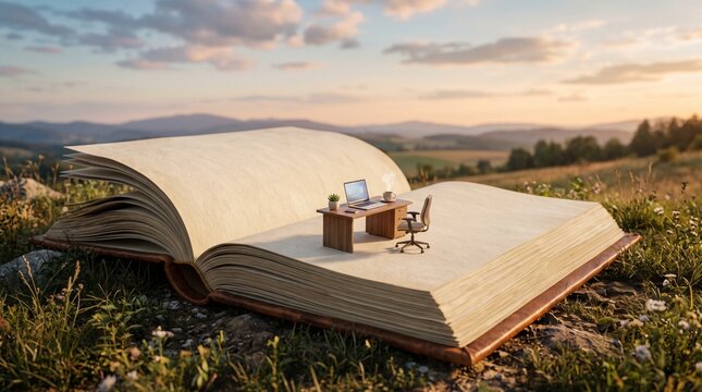 Miniature office desk setup resting on an oversized open book in a rural landscape