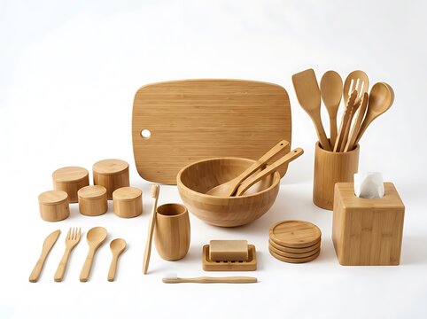 Wooden kitchen play set with utensils and dishes isolated on white background