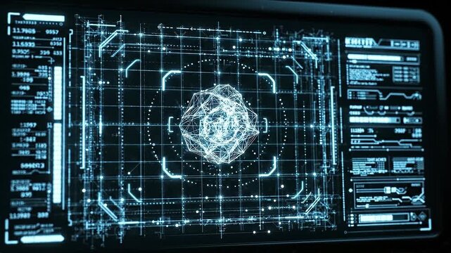 Futuristic Sci-Fi HUD Interface Screen with Tech Data Graphs.