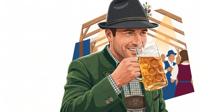 Man in traditional attire smiling and holding beer at festival  