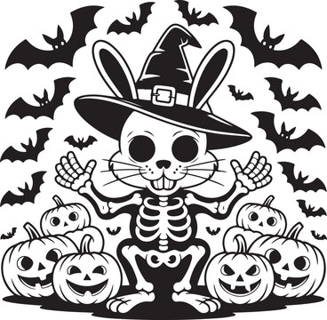 Halloween skeleton bunny illustration with witch hat, pumpkins and flying bats