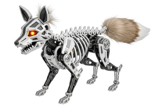 Mechanical robot fox with glowing eyes and metal skeleton