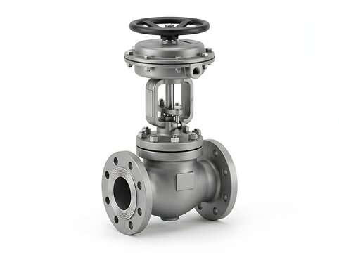 Stainless steel globe valve with flange ends isolated on white background