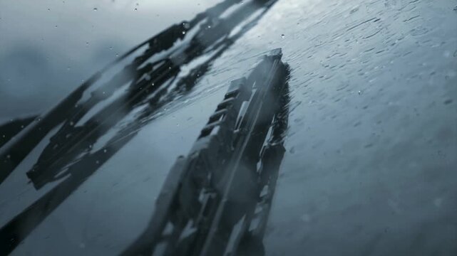 Close up of windshield wipers moving across a car glass during a heavy rainstorm with water droplets and a gloomy sky.