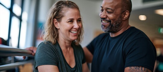 Fototapeta premium Therapist supporting client during standing exercise in rehabilitation room