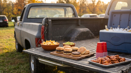 Tailgate party food spread with burgers and cooler on the open bed of a pickup truck © Matube