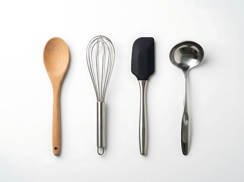 Four kitchen utensils set on neutral background isolated on white background