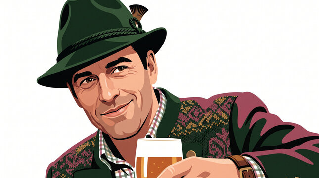 Man in a traditional hat holding a beer in a festive setting  