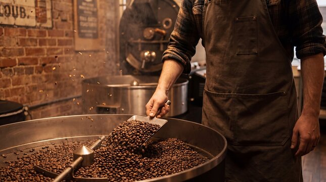 Coffee roaster scooping fresh beans from a cooling tray