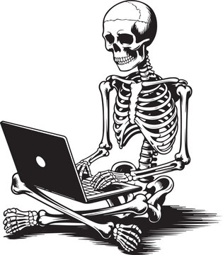Funny skeleton character sitting and working on a laptop computer vector illustration