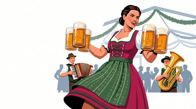 Waitress carrying multiple steins of beer at a festive celebration  