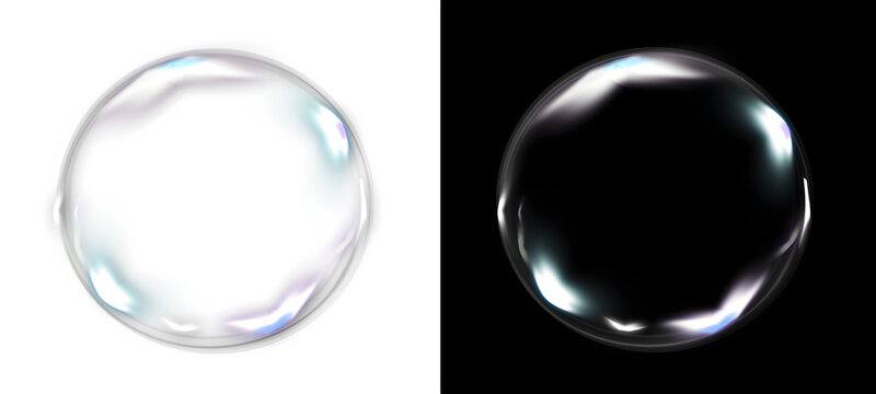 Realistic single big soap bubble isolated set on split white and black background visual effect asset for design project