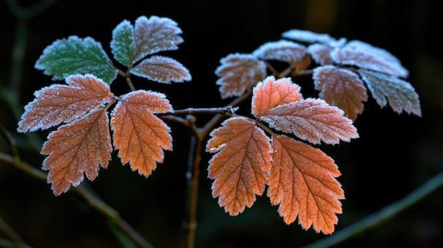 Horizontal branch of a deciduous plant with frost covered leaves in close up detail against a black background