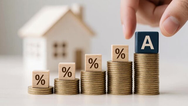 Hand places letter A block on top of rising coin stacks marked with percentage symbols, concept of financial growth and interest rates