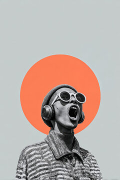 Monochrome figure in a beanie, sunglasses and headphones shouting upwards in front of a bold orange circle
